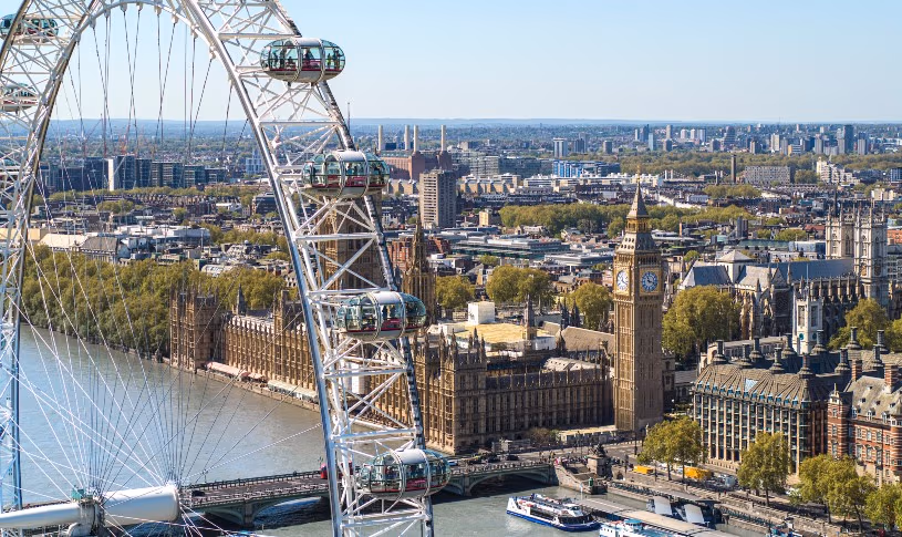 A cinematic photograph of London which is looking through the London eye and over the Thames and houses of Parliament
